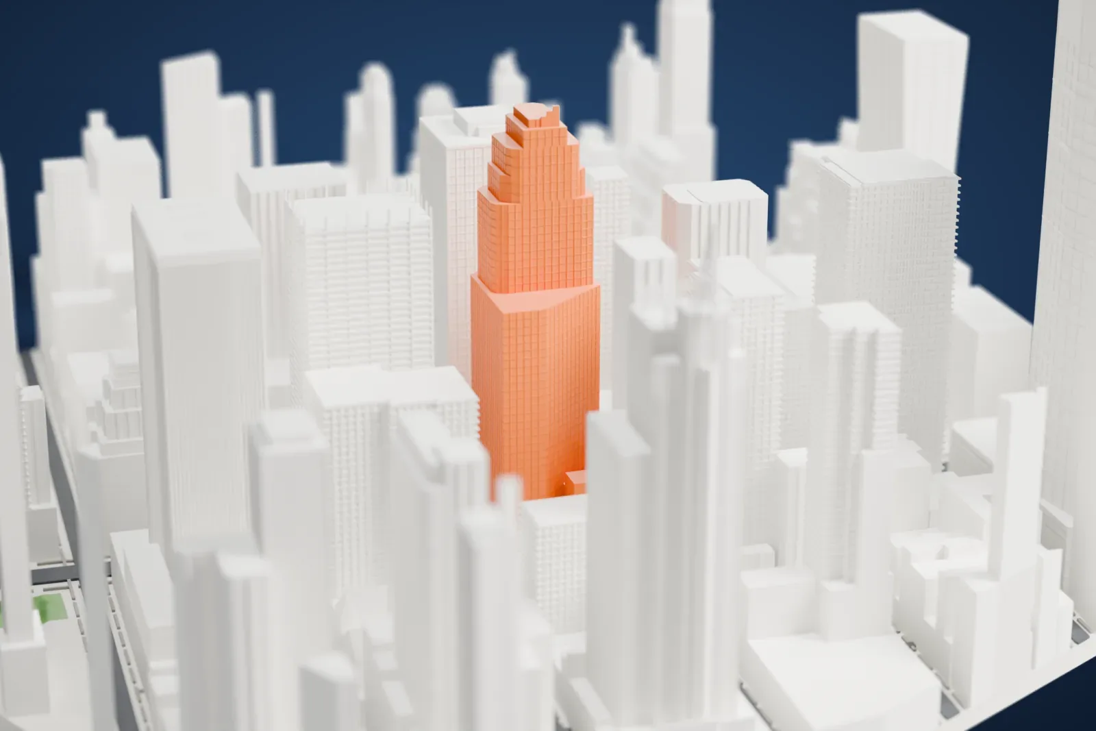 A white 3D print of 1166 Avenue of the Americas, a tall rectangular tower with a window grid and a boxy rooftop structure, surrounded by Midtown skyscrapers.