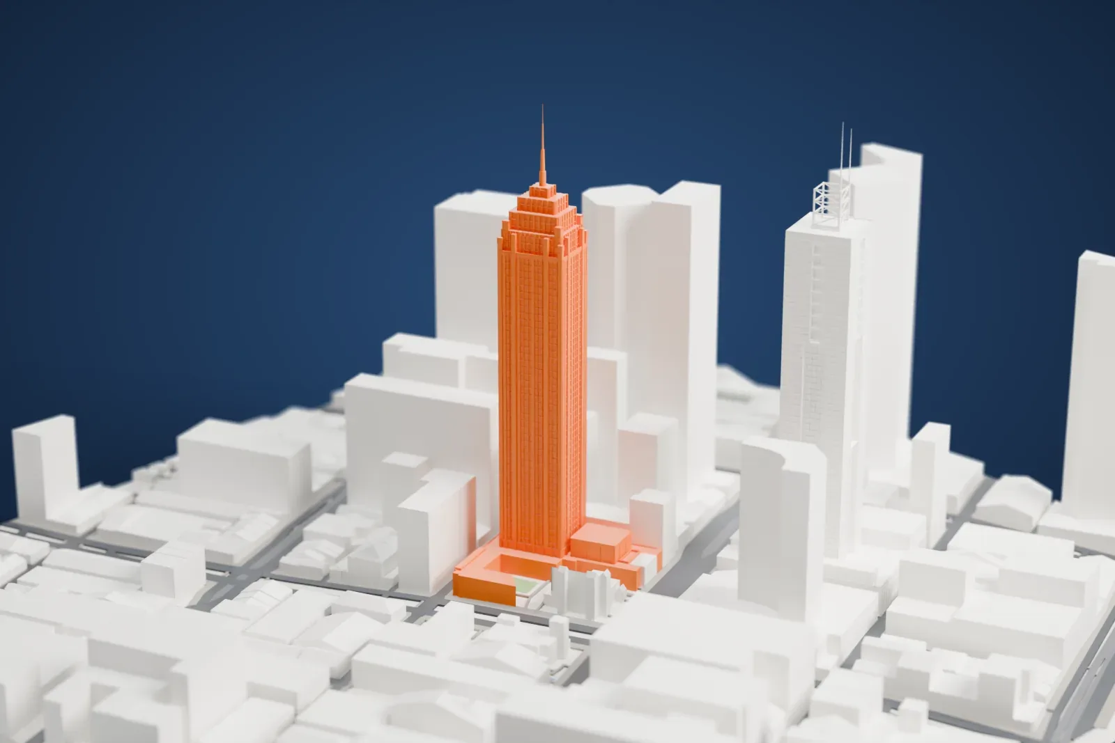 A white 3D print of 120 Collins Street, a skyscraper, among the surrounding streets and buildings.