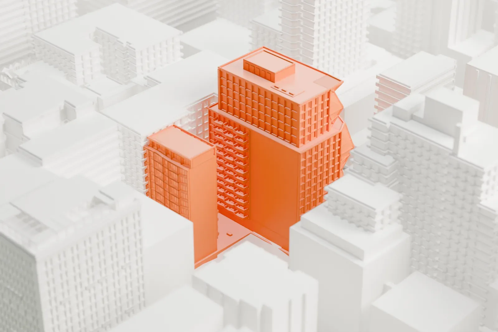 A white 3D print of 121 East 22nd, a tall building with angled, faceted side walls and a boxy top, among other tall buildings.