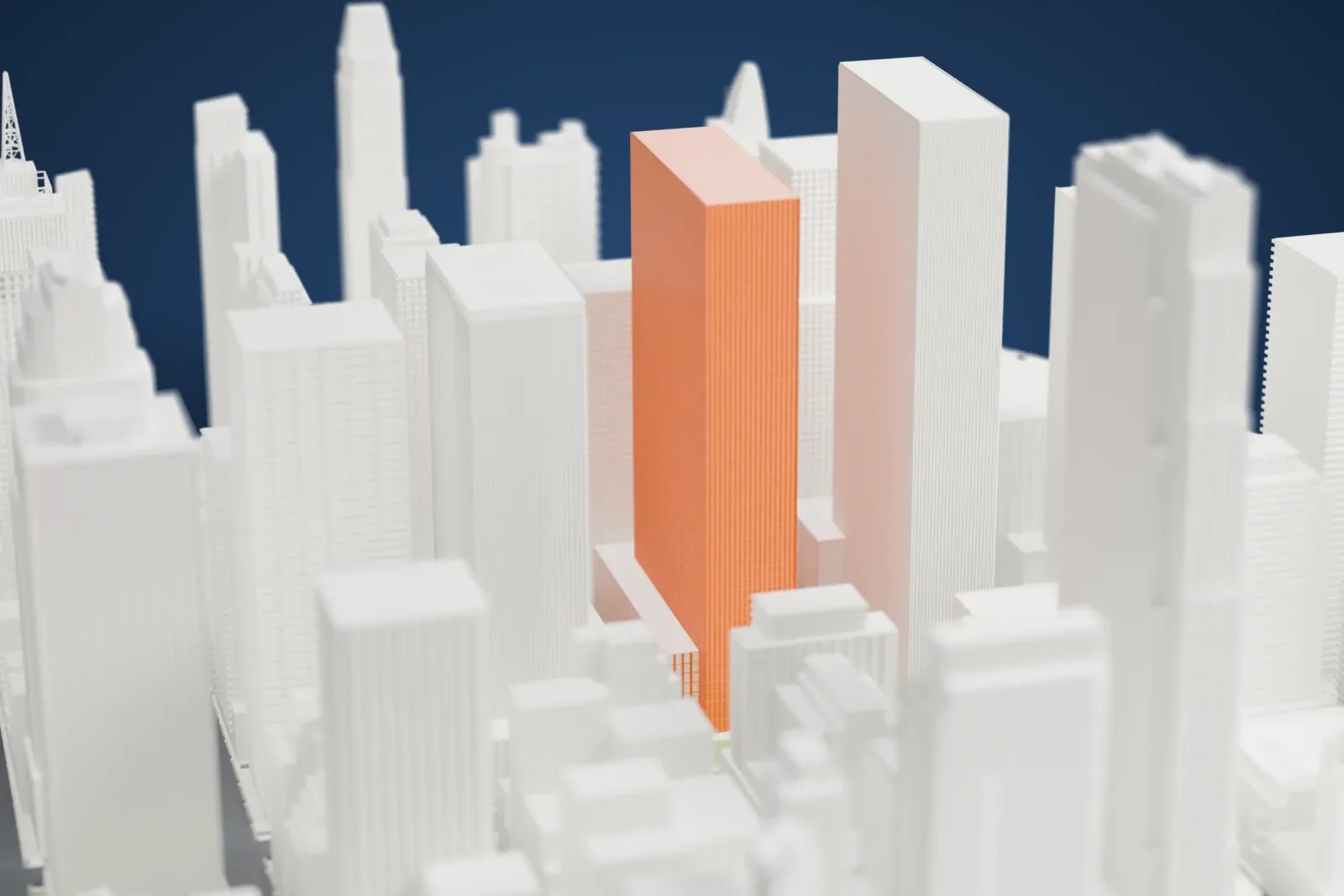 A white 3D print of 1211 Avenue of the Americas, a plain flat-topped slab with fine vertical stripes, standing among tightly packed skyscrapers.