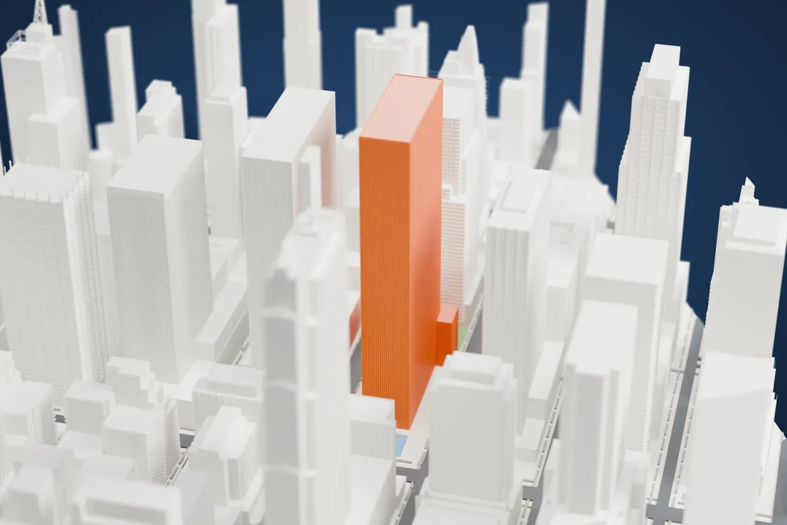 A white 3D print of 1221 Avenue of the Americas, a tall plain tower with a flat top and fine vertical lines, packed in among other tall buildings.
