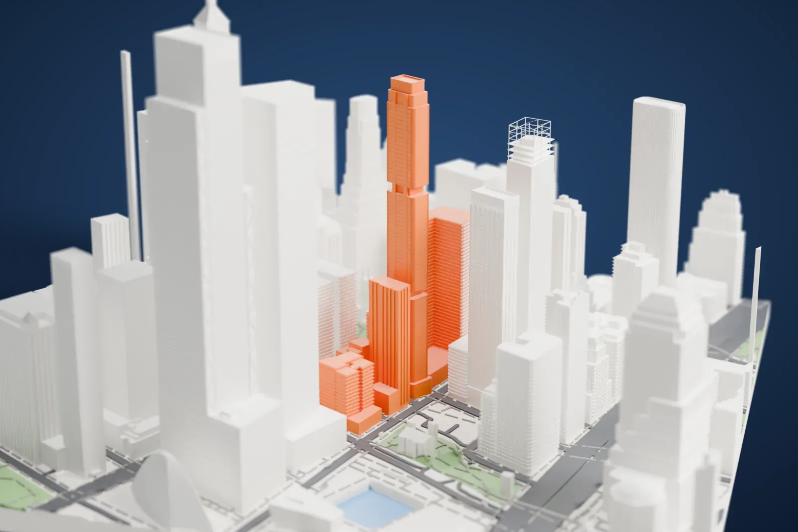 A white 3D print of 125 Greenwich Street, a very tall, slender tower with stepped sections, rising among other skyscrapers.