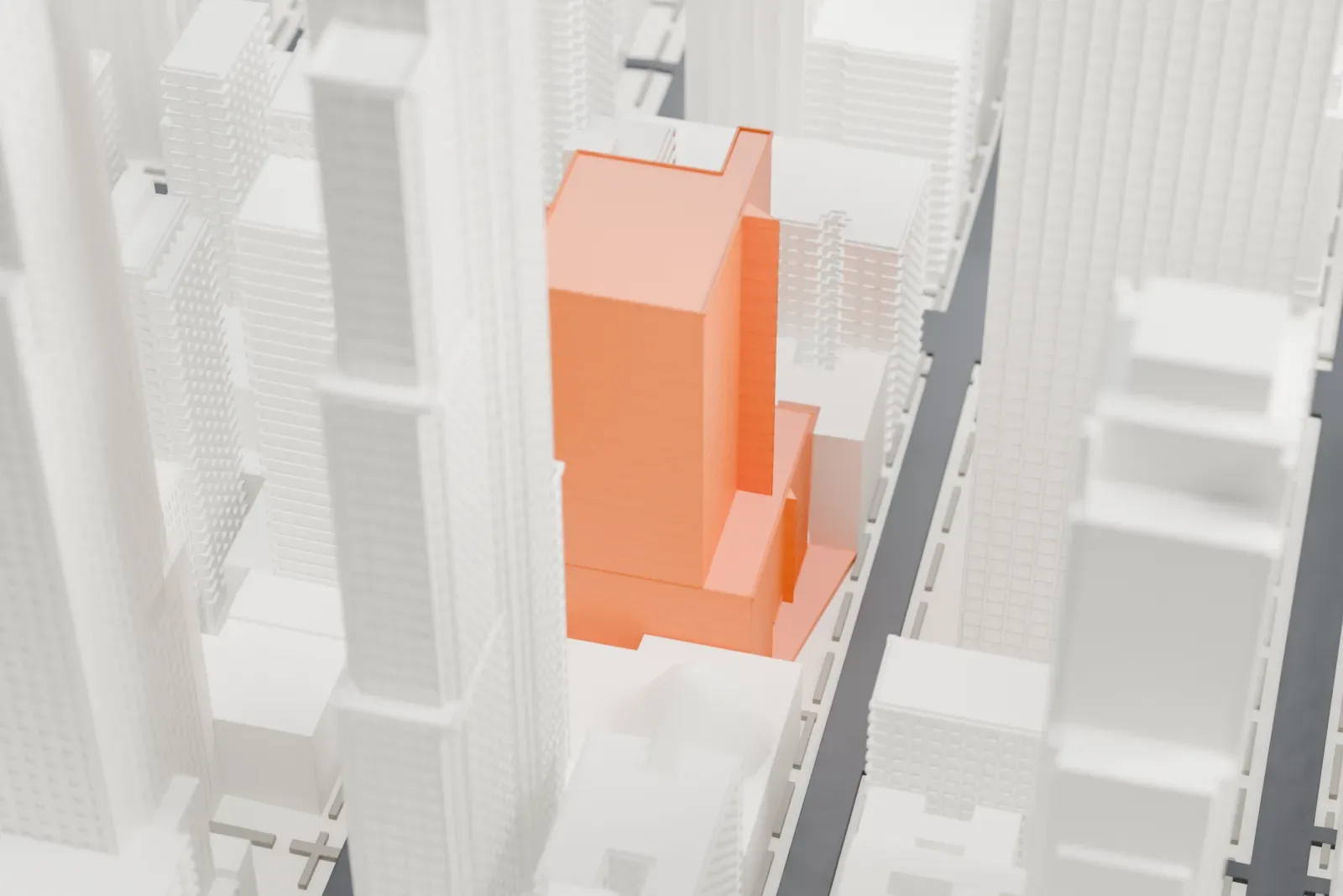 A white 3D print of 125 West 55th Street, a plain rectangular tower with horizontal bands, squeezed between much taller towers in a dense district of Manhattan.