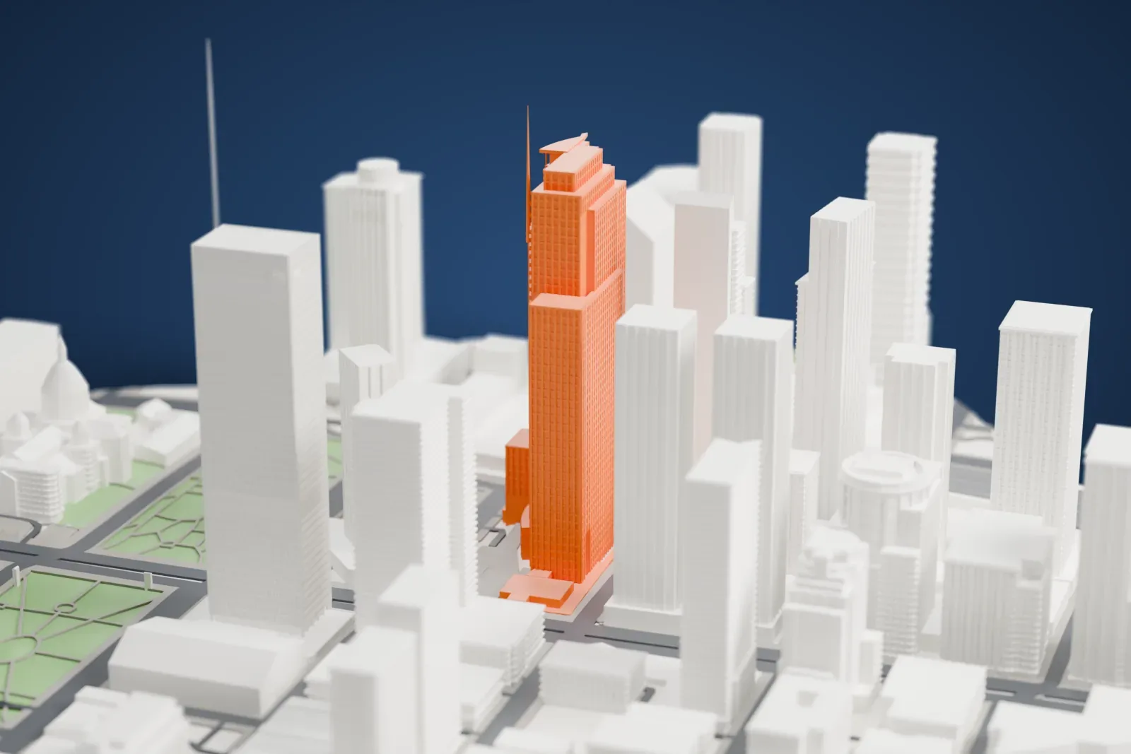 A white 3D print of 1250 René-Lévesque rising above the surrounding streets and buildings.