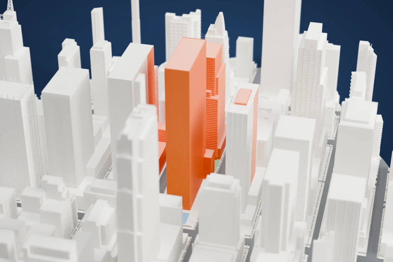A white 3D print of 1251 Avenue of the Americas, a tall rectangular tower with a finely striped facade, standing among closely packed tall buildings in Midtown Manhattan.