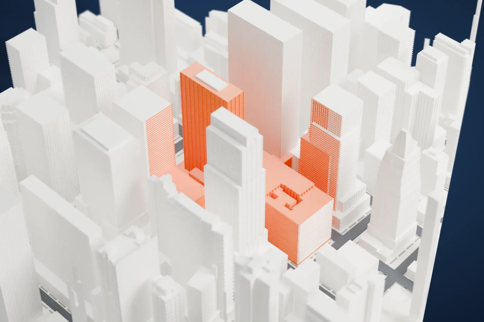 A white 3D print of 1271 Avenue of the Americas, a tall slab-shaped tower with fine vertical facade lines and a low box on its roof, standing among many other tall buildings.
