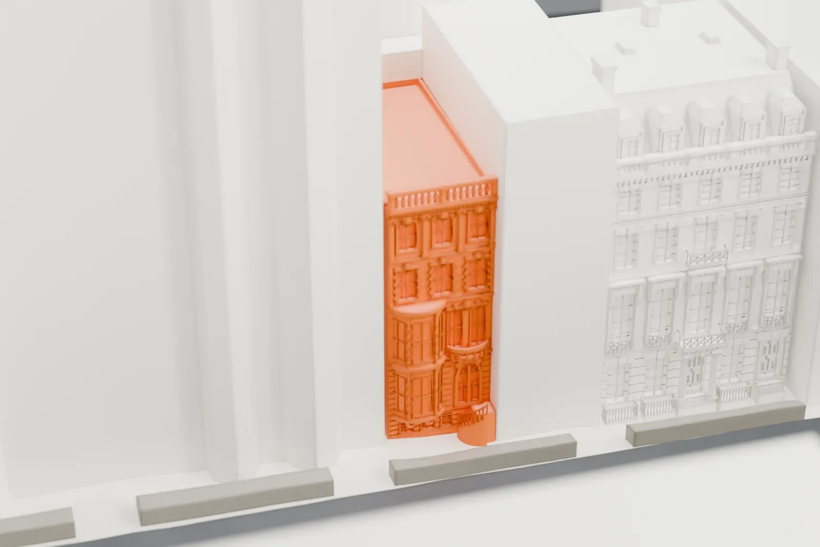 A white 3D print of the two townhouses numbered 13 and 15 on West 54th Street among taller surrounding Midtown buildings.