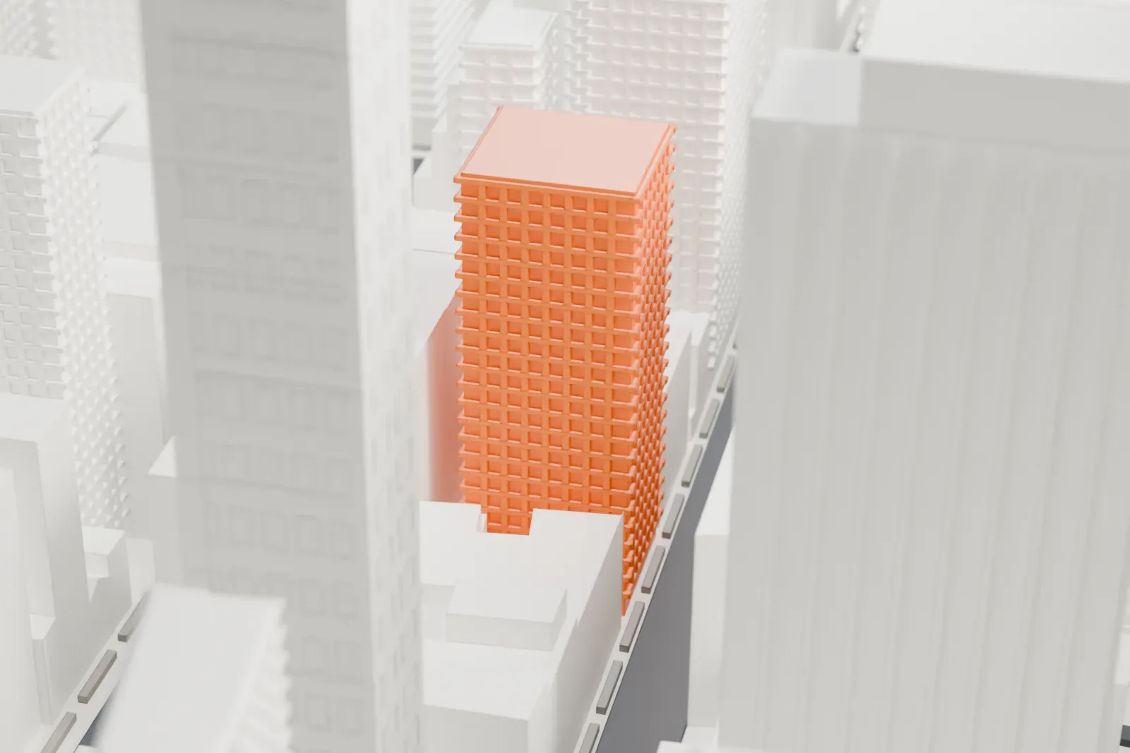 A white 3D print of 130 West 30th Street, a stepped tower with a tiered top, standing among taller blocks of dense Midtown buildings.