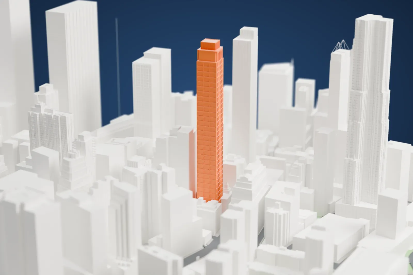 A white 3D print of the 130 William tower with rows of arched windows and a stepped top, surrounded by closely packed buildings of varying heights and streets.