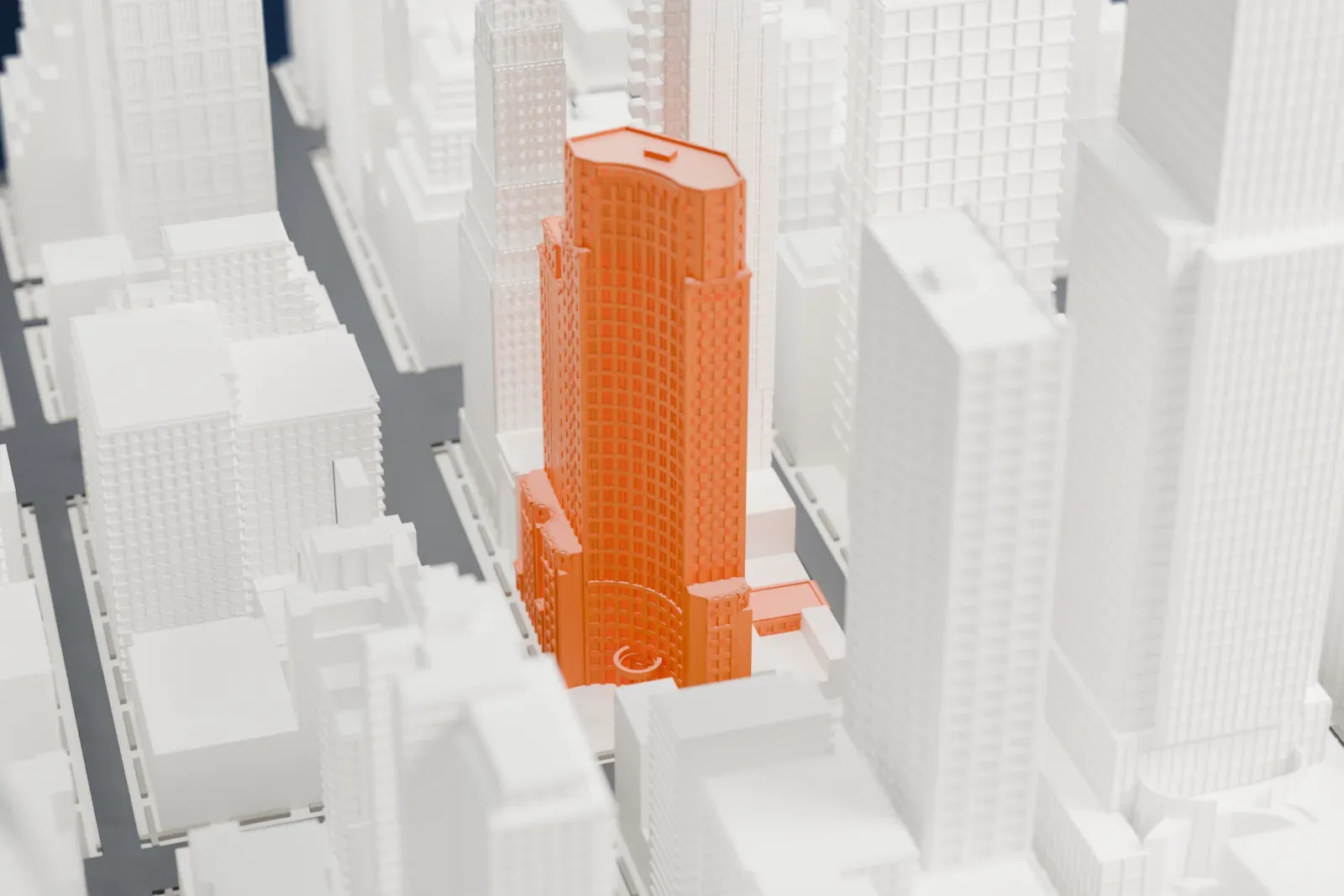 A white 3D print of 135 East 57th Street, a tall tower with a curved shaft and stepped lower tiers, rising among other tall Midtown buildings.
