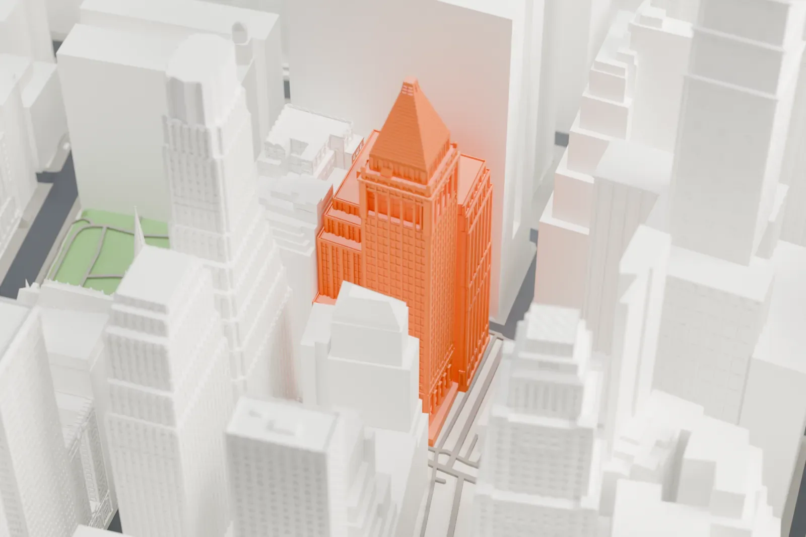 A white 3D print of 14 Wall Street, a tower topped by a stepped pyramid roof and a lower annex, hemmed in by tall surrounding Lower Manhattan buildings.