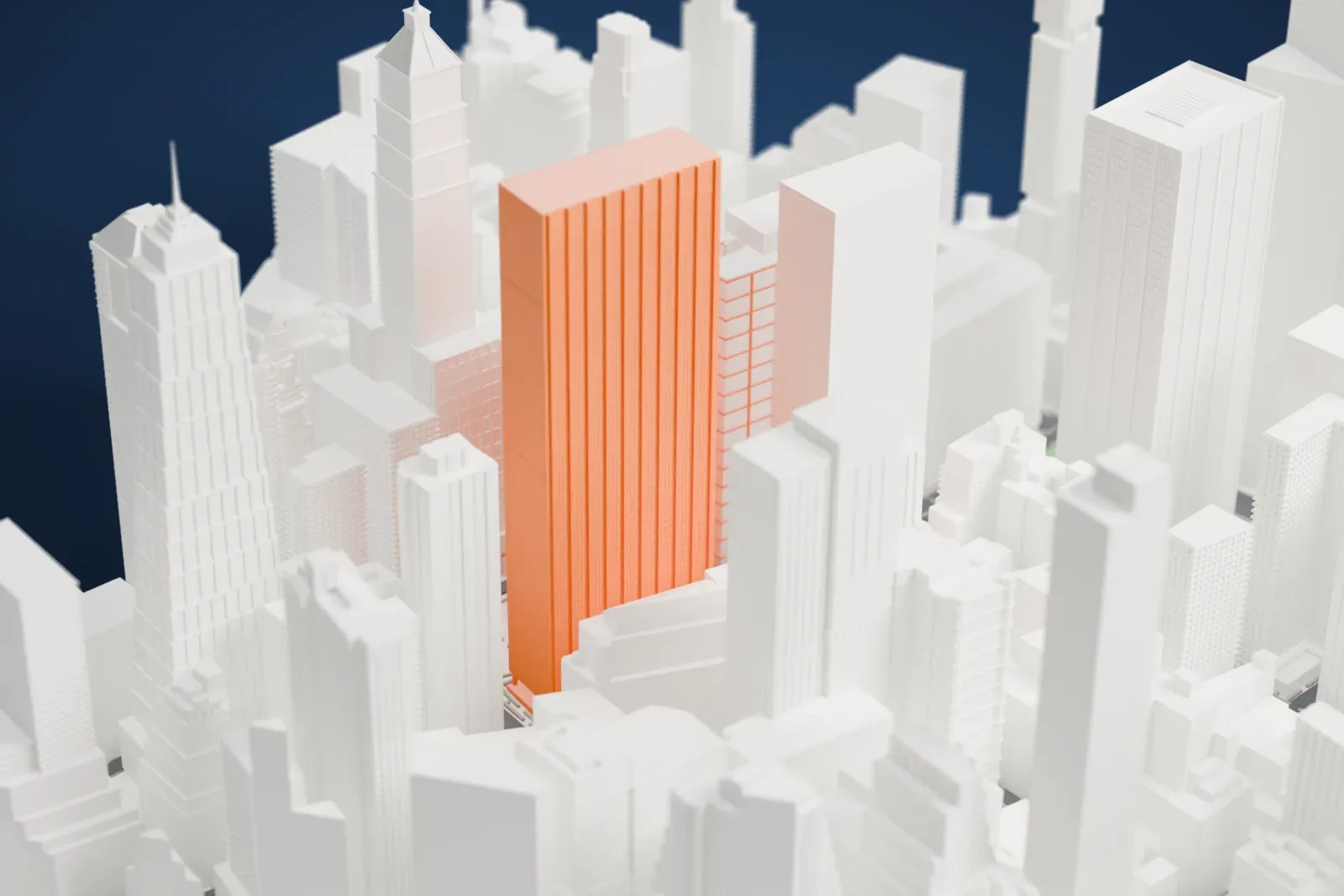 A white 3D print of 140 Broadway, a tall plain-sided tower with a flat top, rising among dense Financial District buildings.