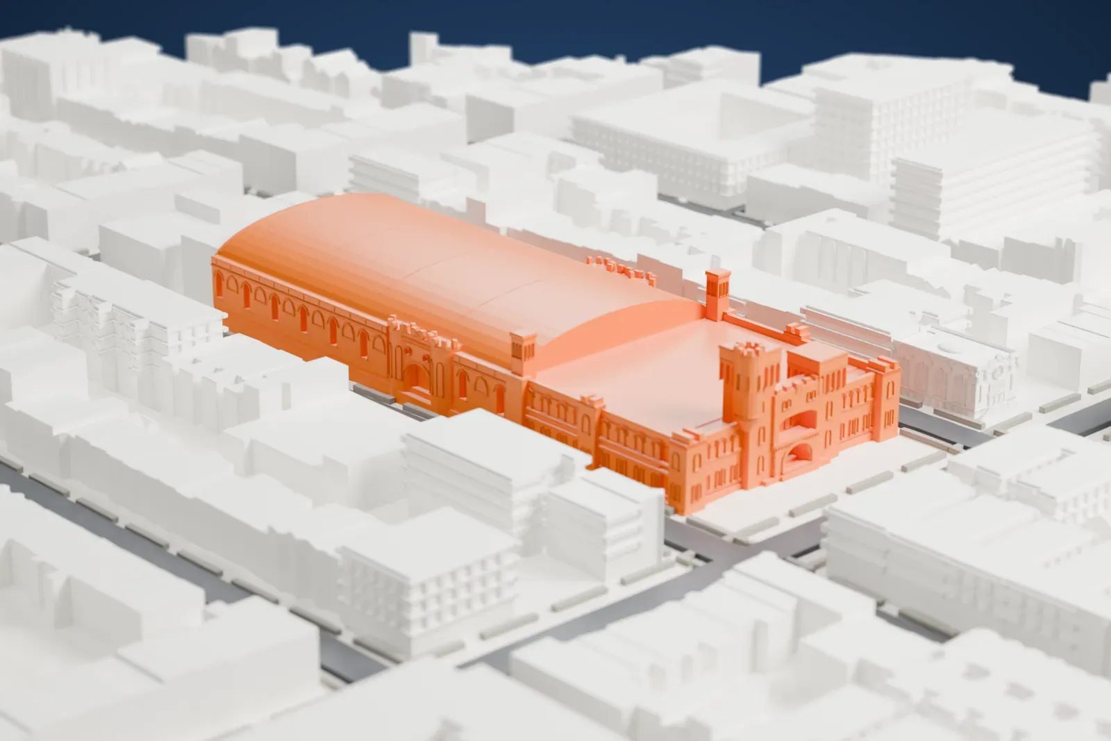 A white 3D print of the 14th Regiment Armory, a long arched-roof building with castle-like towers at one end, surrounded by rows of low city blocks.