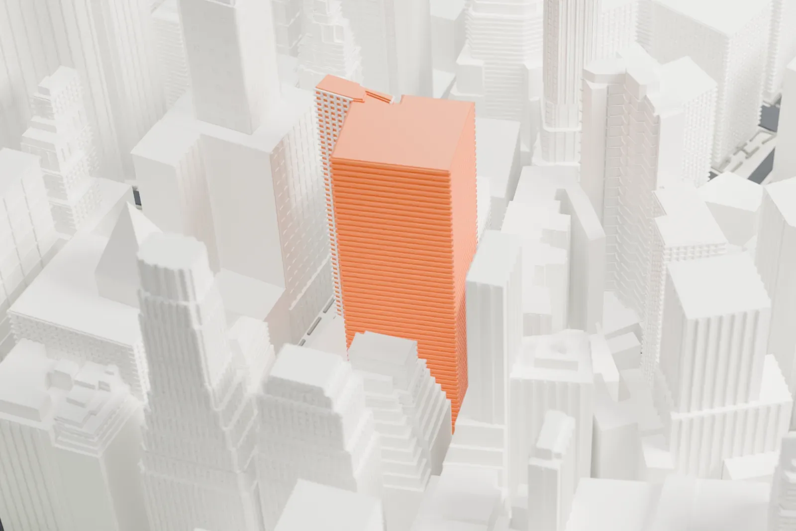 A white 3D print of 15 Broad Street, a stepped tower with setbacks near its top, packed in among dense Financial District skyscrapers.