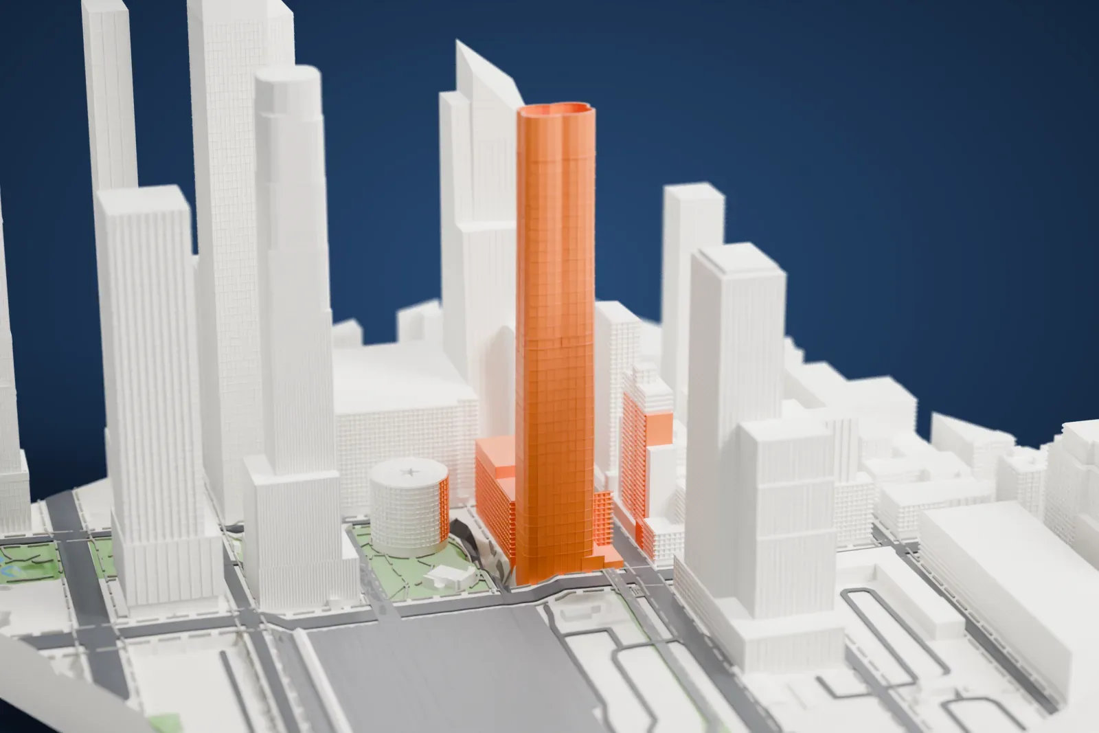 A white 3D print of 15 Hudson Yards, a slim tower with a scalloped, clover-shaped top, standing among taller and shorter neighboring skyscrapers.