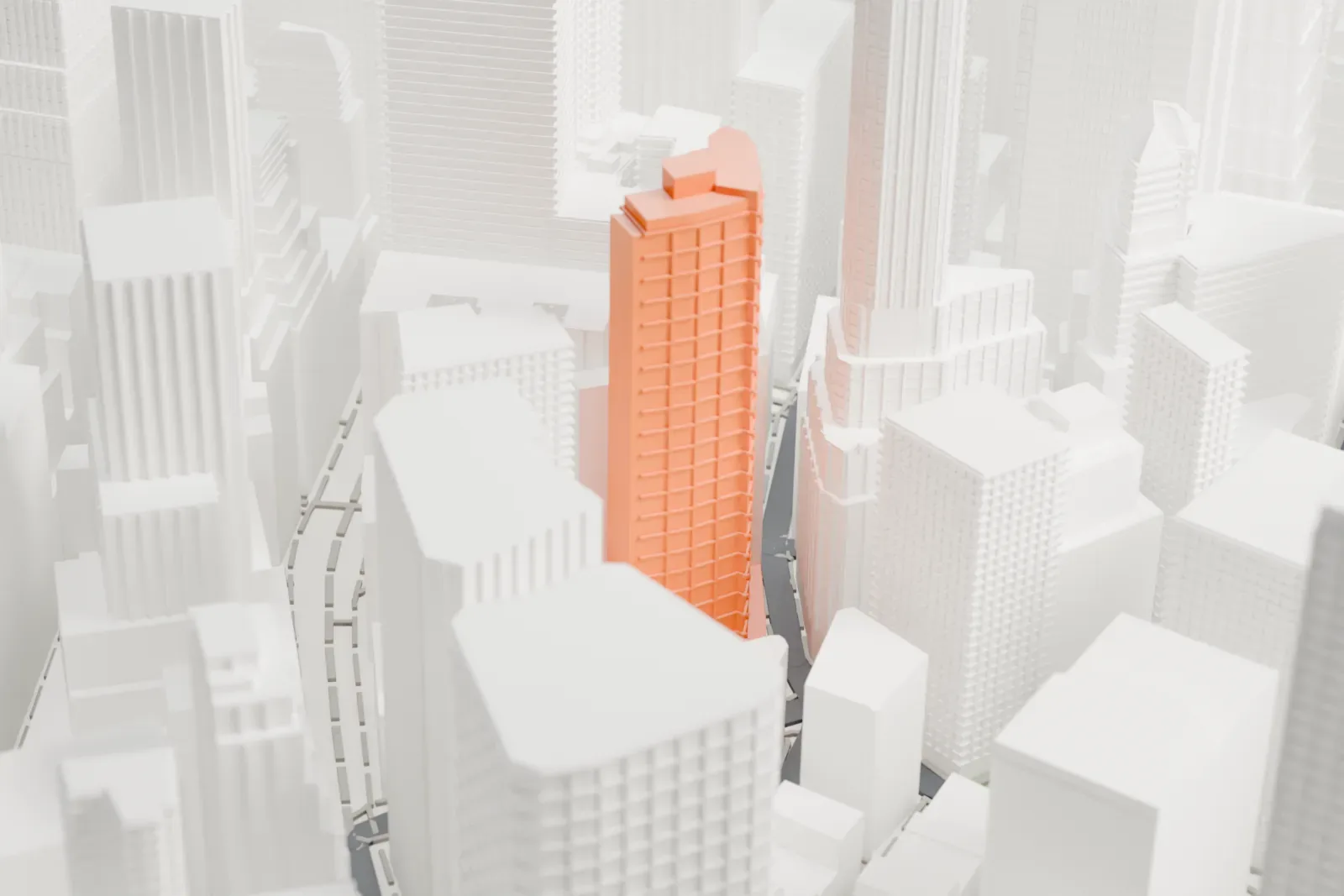A white 3D print of 15 William, a slender tower with a curved, open crown, standing among taller and lower buildings.