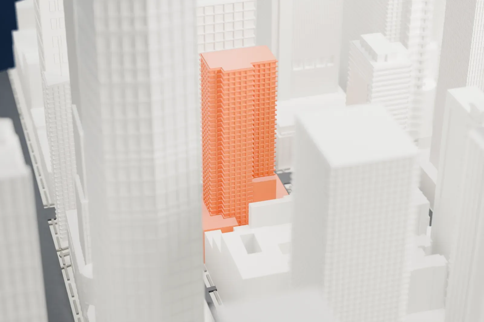 A white 3D print of 1500 Broadway, a slim ribbed tower rising among dense high-rise buildings.
