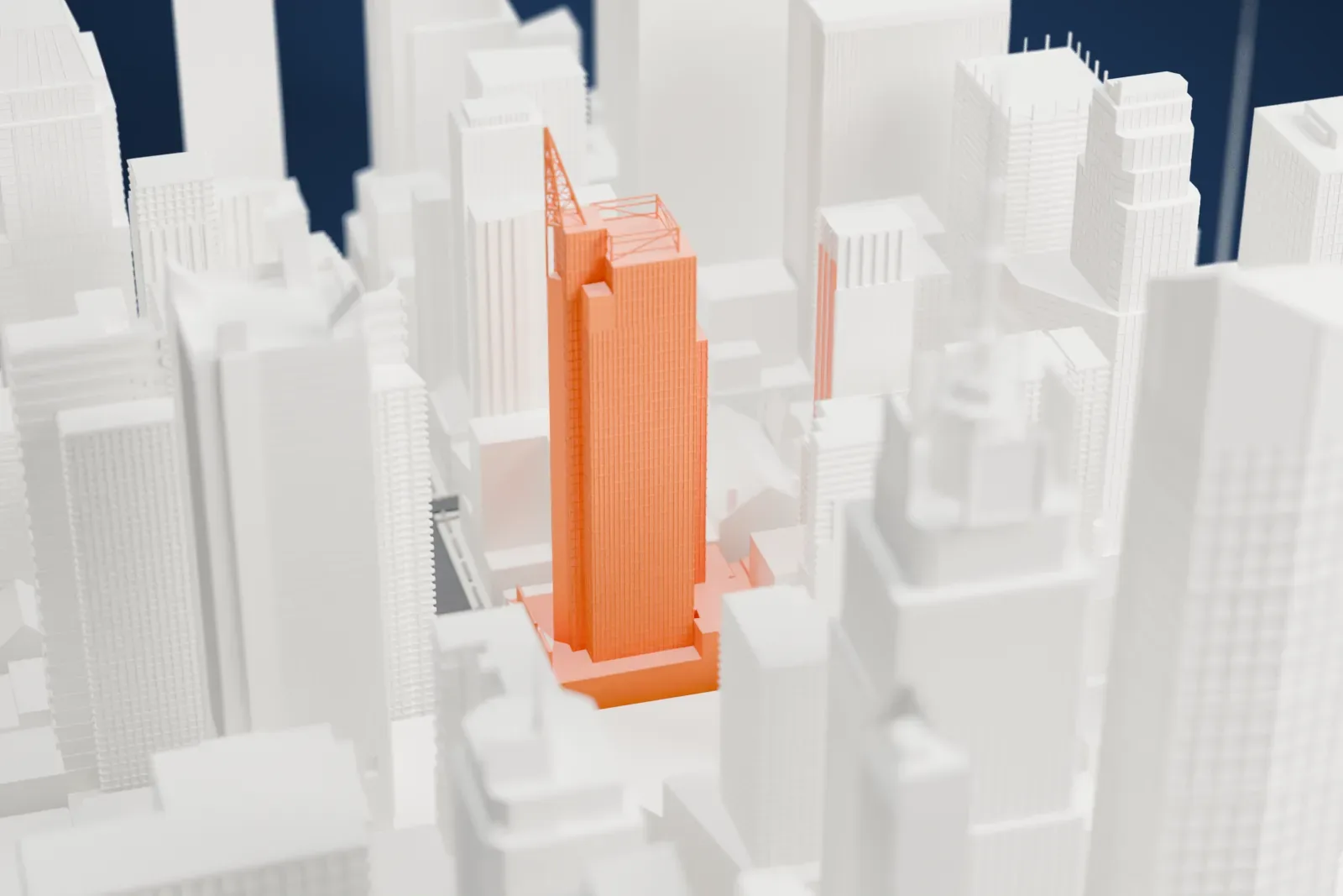 A white 3D print of 1540 Broadway, a tall tower with an open spire, packed in among other Midtown Manhattan skyscrapers.