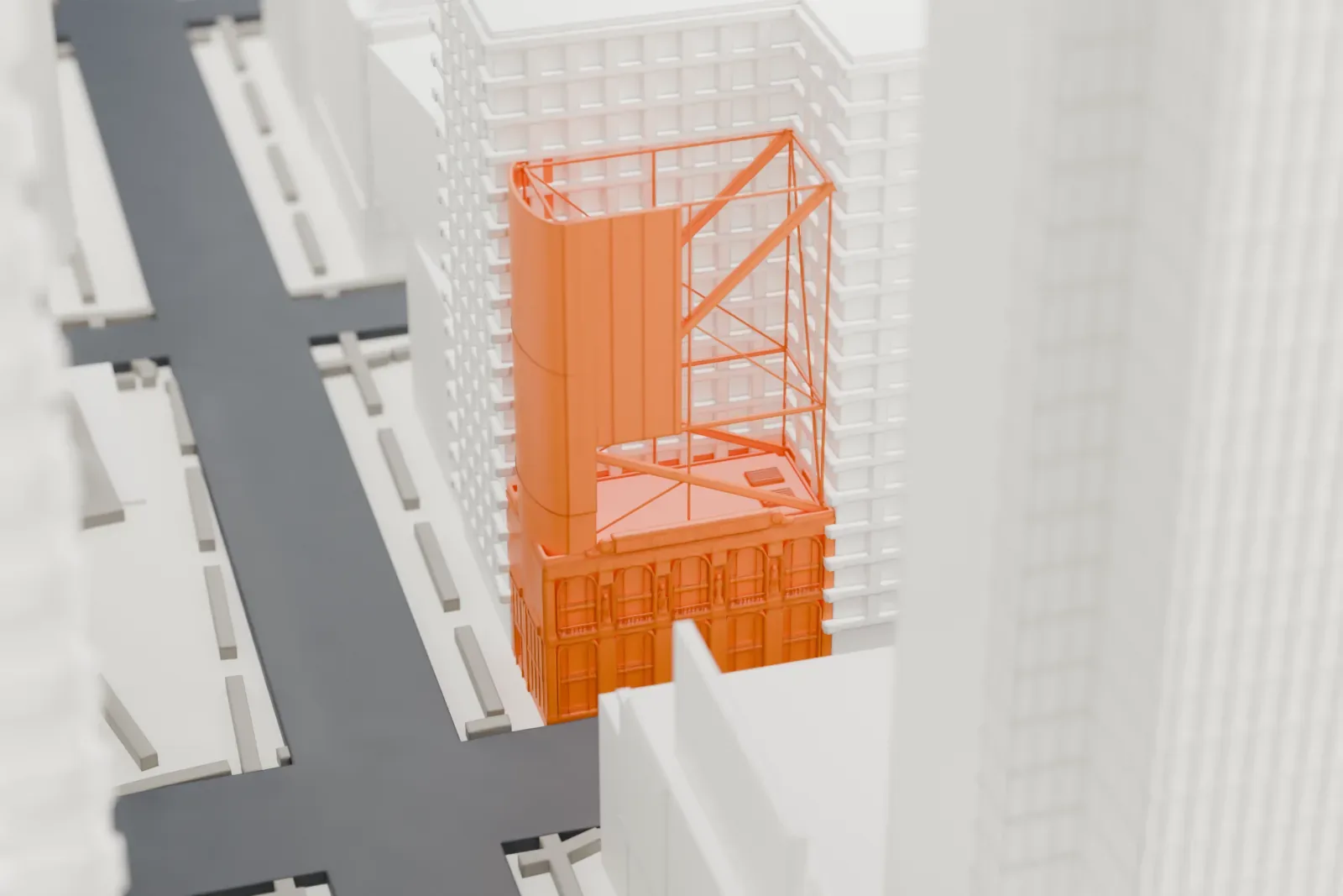 A white 3D print of 1552 Broadway among the taller buildings around Times Square.