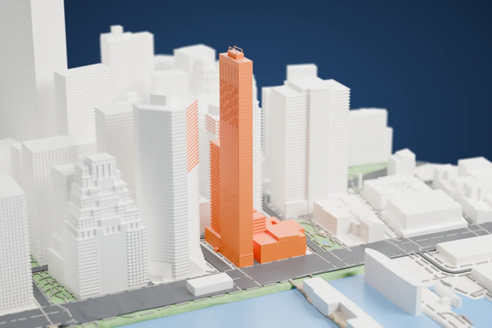 A white 3D print of 161 Maiden Lane, a slender tower with a window grid and a small frame on its roof, rising among dense skyscrapers near the water.