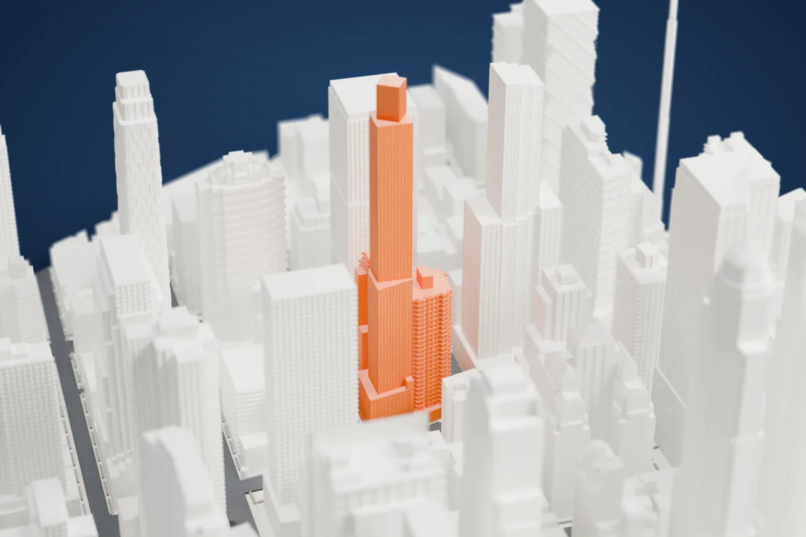 A white 3D print of 1717 Broadway, a slender tower with a boxy crown, standing among tall buildings.