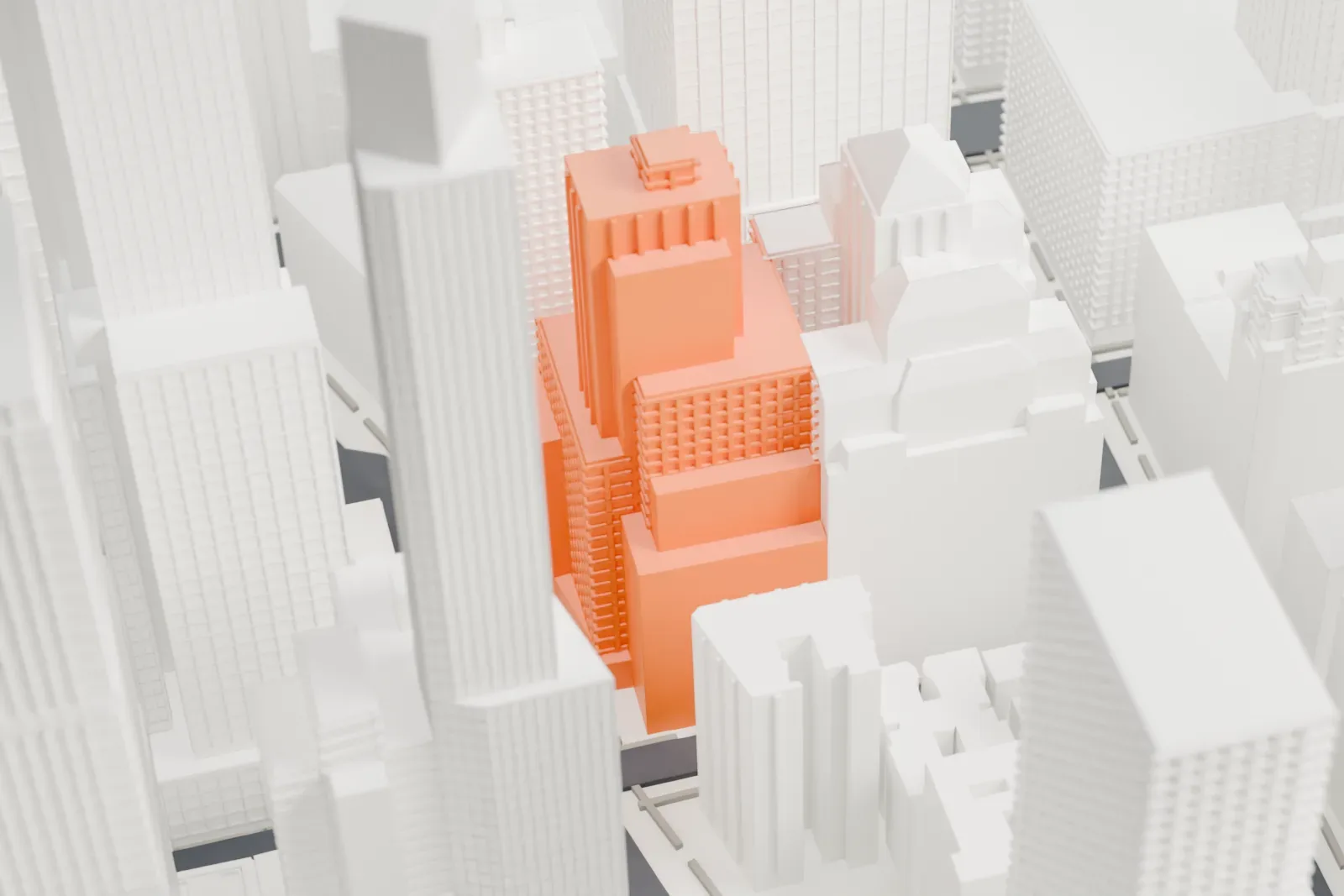 A white 3D print of 1740 Broadway, a stepped tower with a lettered sign and a thin mast on its roof, among much taller buildings.