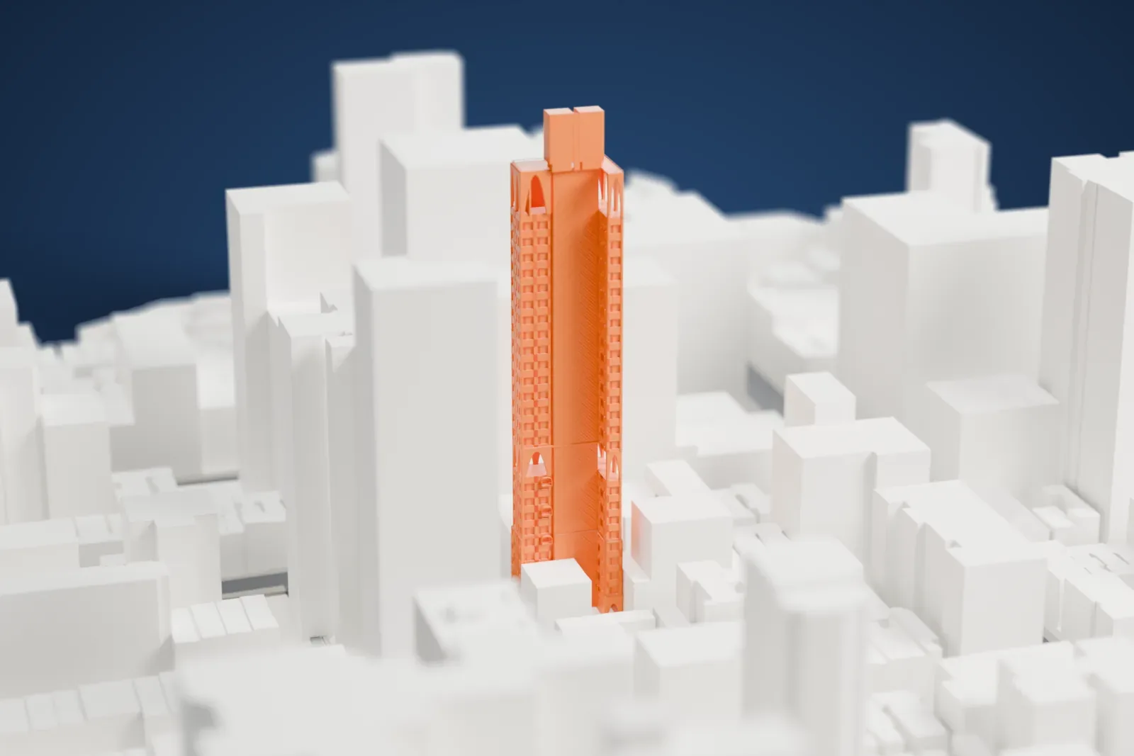 A white 3D print of 180 East 88th Street, a slender brick condominium tower with open arches and a split crown, among the surrounding streets and buildings of the Upper East Side.