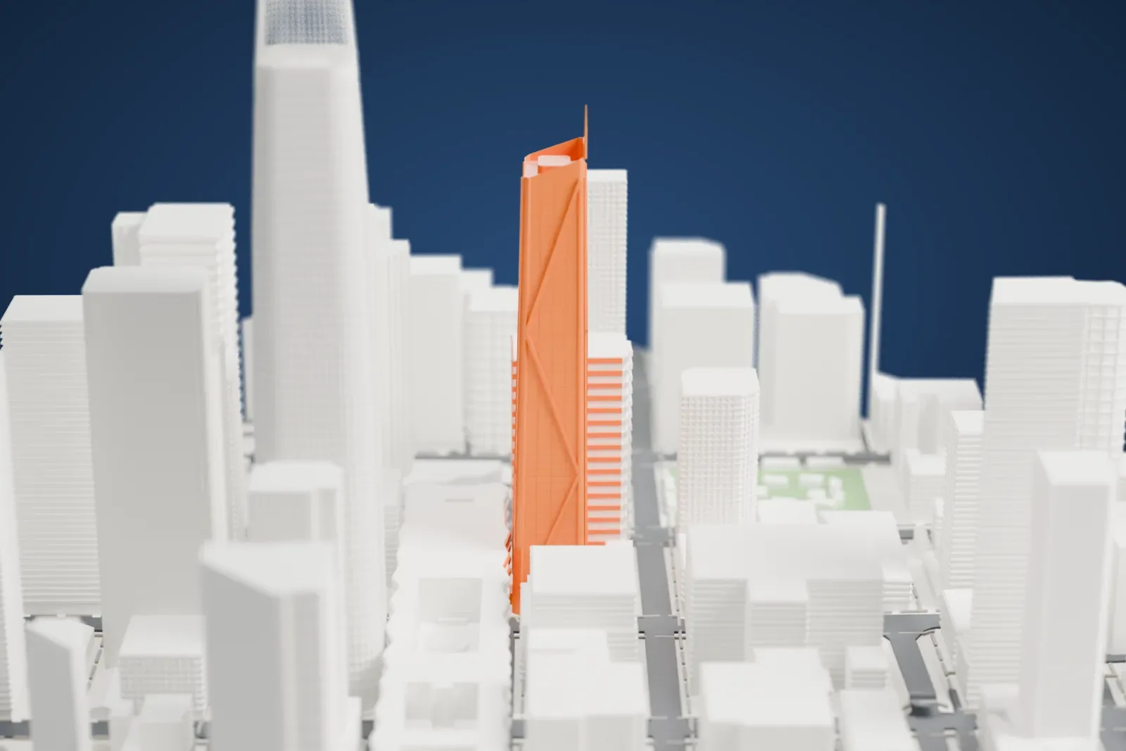 A white 3D print of 181 Fremont, a slender tower with diagonal bracing lines and a thin spire, rising among other tall buildings and city streets.