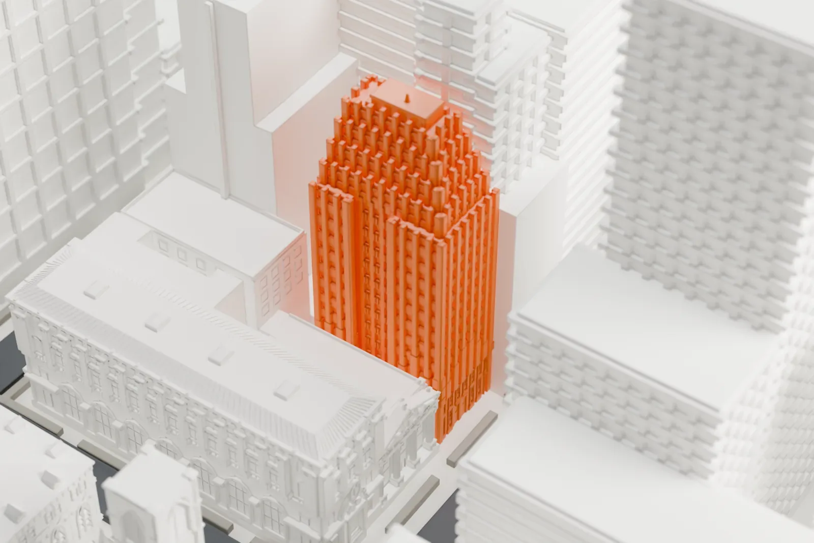 A white 3D print of 185 Montague Street, a tall narrow building with vertical piers and stepped setbacks near the top, standing among taller towers and low older buildings.