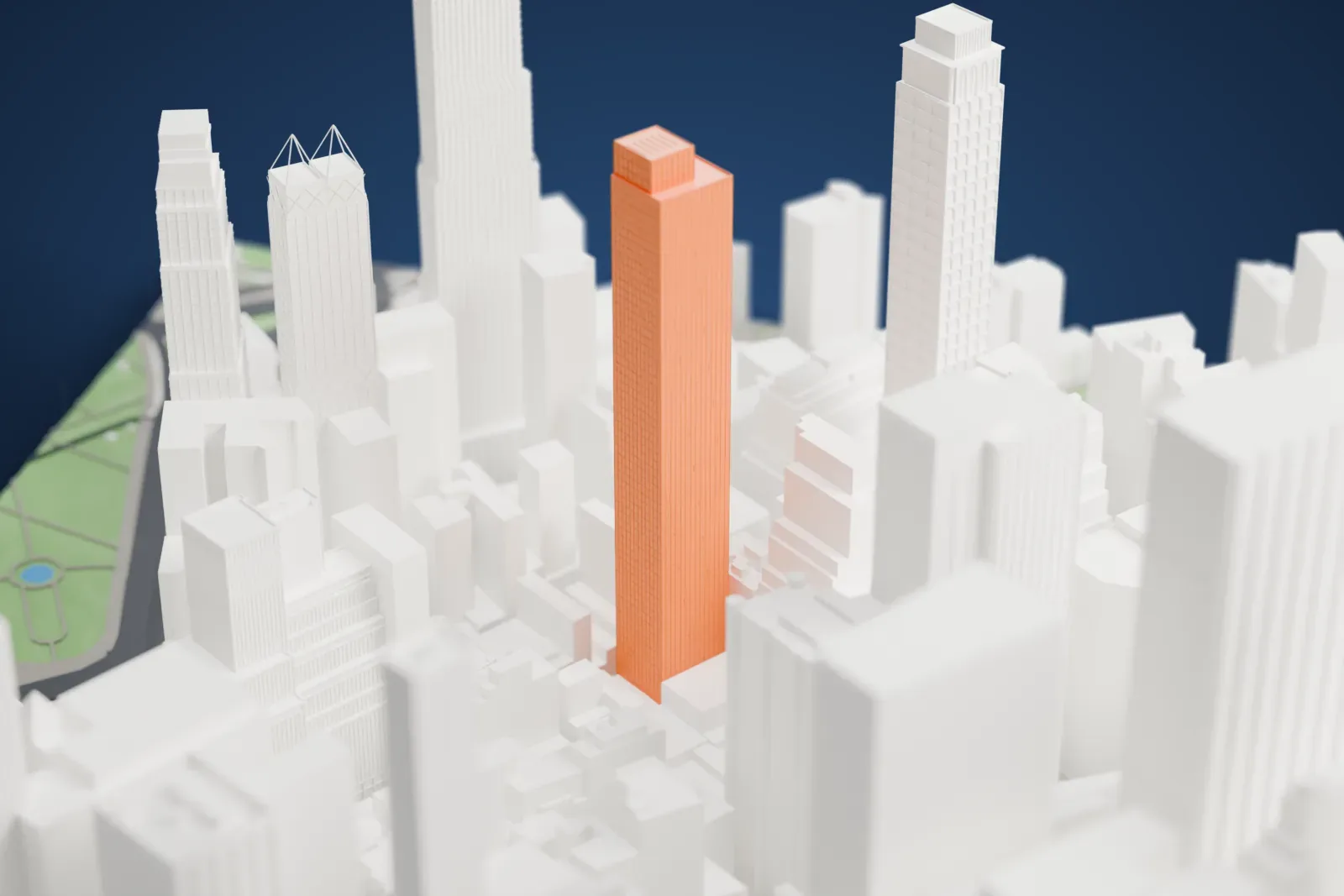 A white 3D print of the 19 Dutch tower with a gridded facade and a smaller rooftop block, surrounded by closely spaced buildings of varying heights.
