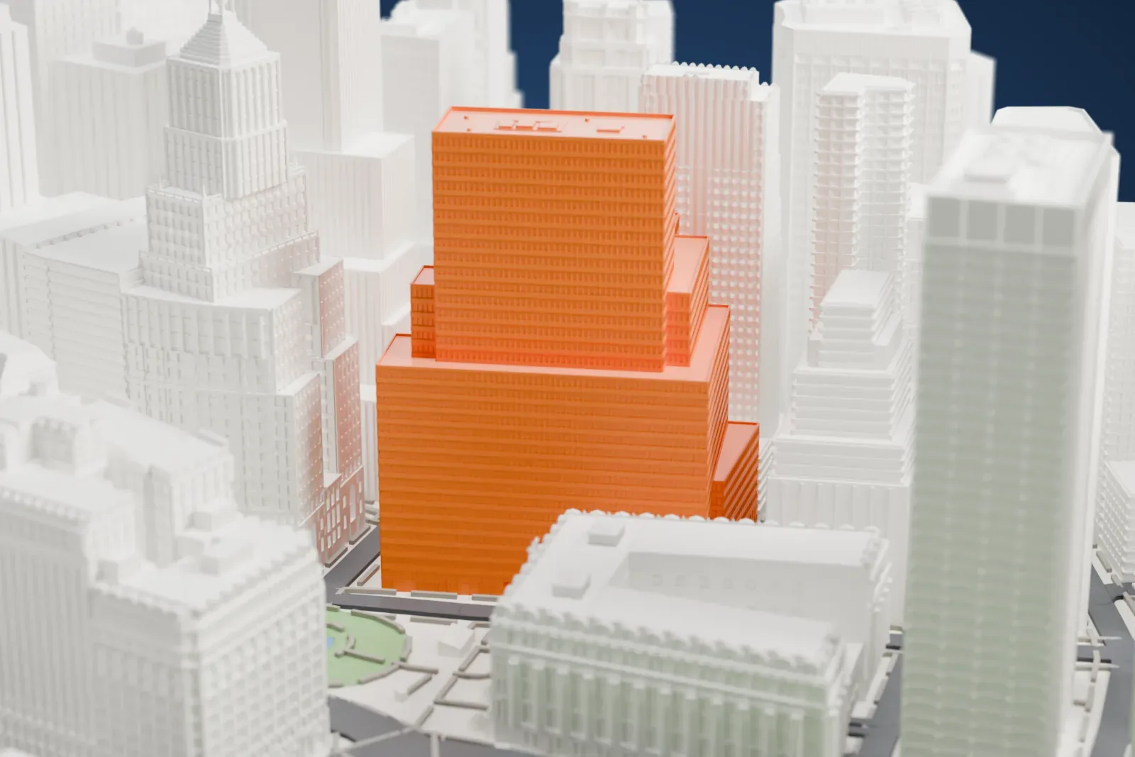 A white 3D print of 2 Broadway, a stepped office tower rising among tall neighboring buildings with a small park and streets at its base.