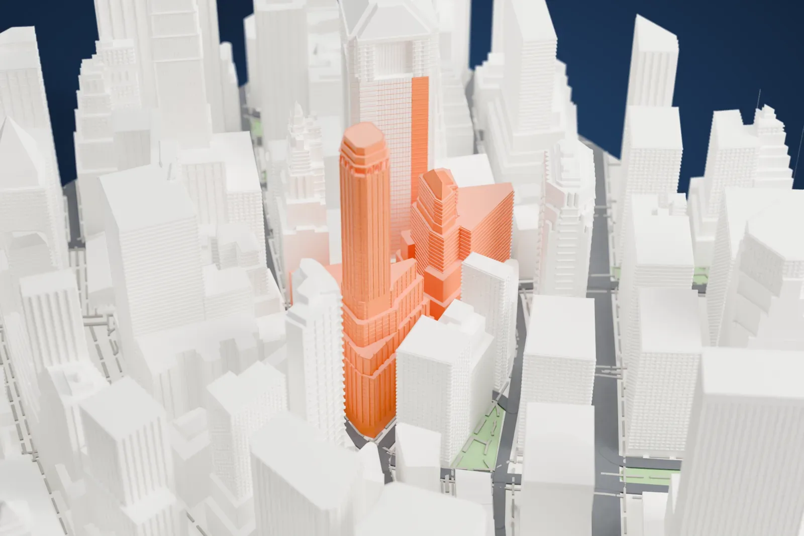A white 3D print of 20 Exchange Place, a slender tower with chamfered corners and an arched crown, standing among dense tall buildings.