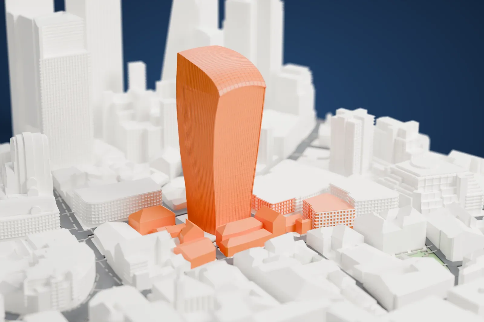 A white 3D print of 20 Fenchurch Street, a tall ribbed tower that widens toward its curved top, rising among dense city buildings and narrow streets.