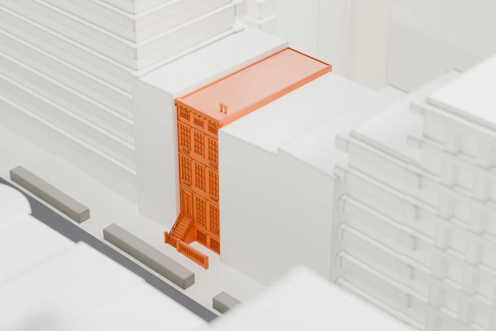 A white 3D print of 20 West 16th Street, a low house with a flat roof and small chimneys, standing between much taller buildings.
