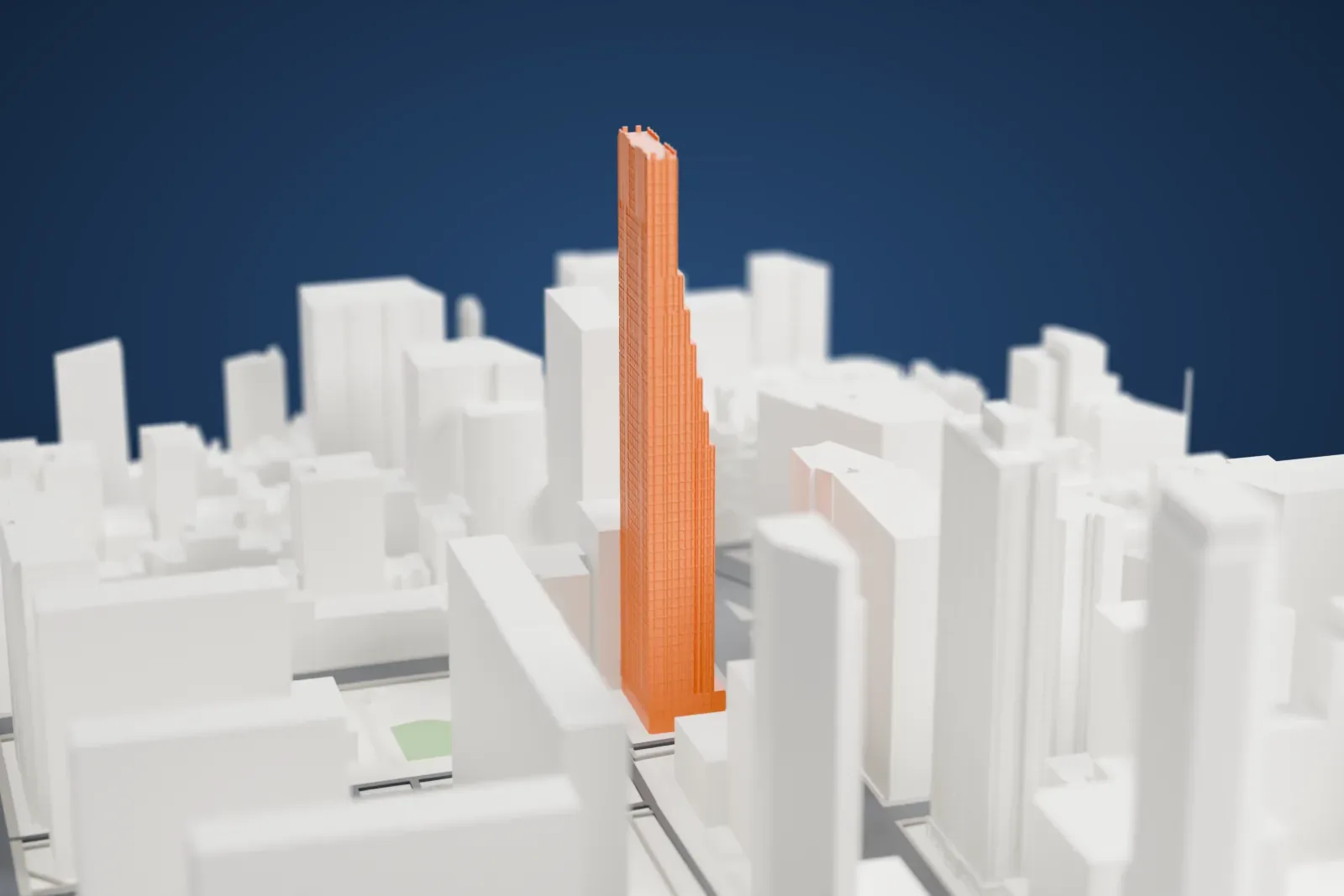 A white 3D print of 200 Amsterdam, a tall slim tower with stepped sides, surrounded by many other tall buildings.