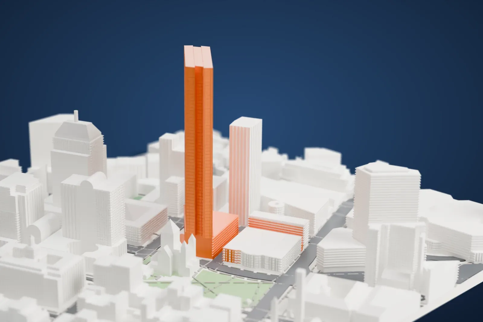 A white 3D print of 200 Clarendon, a very tall slab with a vertical notch on its short sides, rising above neighboring towers and a small green square in Boston.