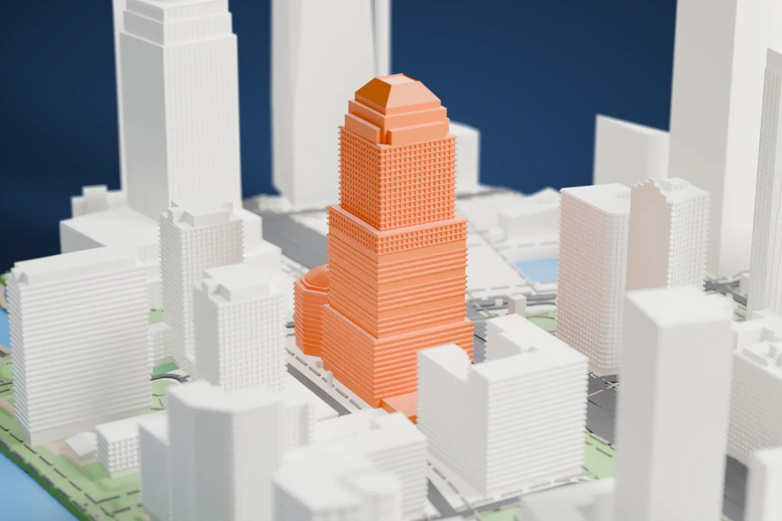A white 3D print of 200 Liberty Street, a tall stepped tower with a pyramid-shaped roof and a domed section at its base, among neighboring high-rises near the water.