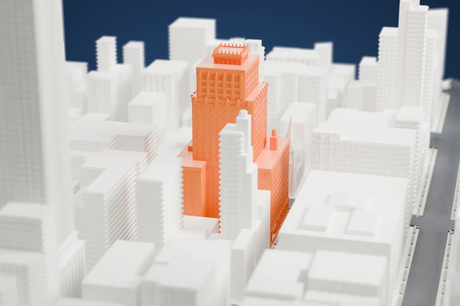 A white 3D print of 200 Madison Avenue, a stepped tower rising from a wide base among many tall buildings.