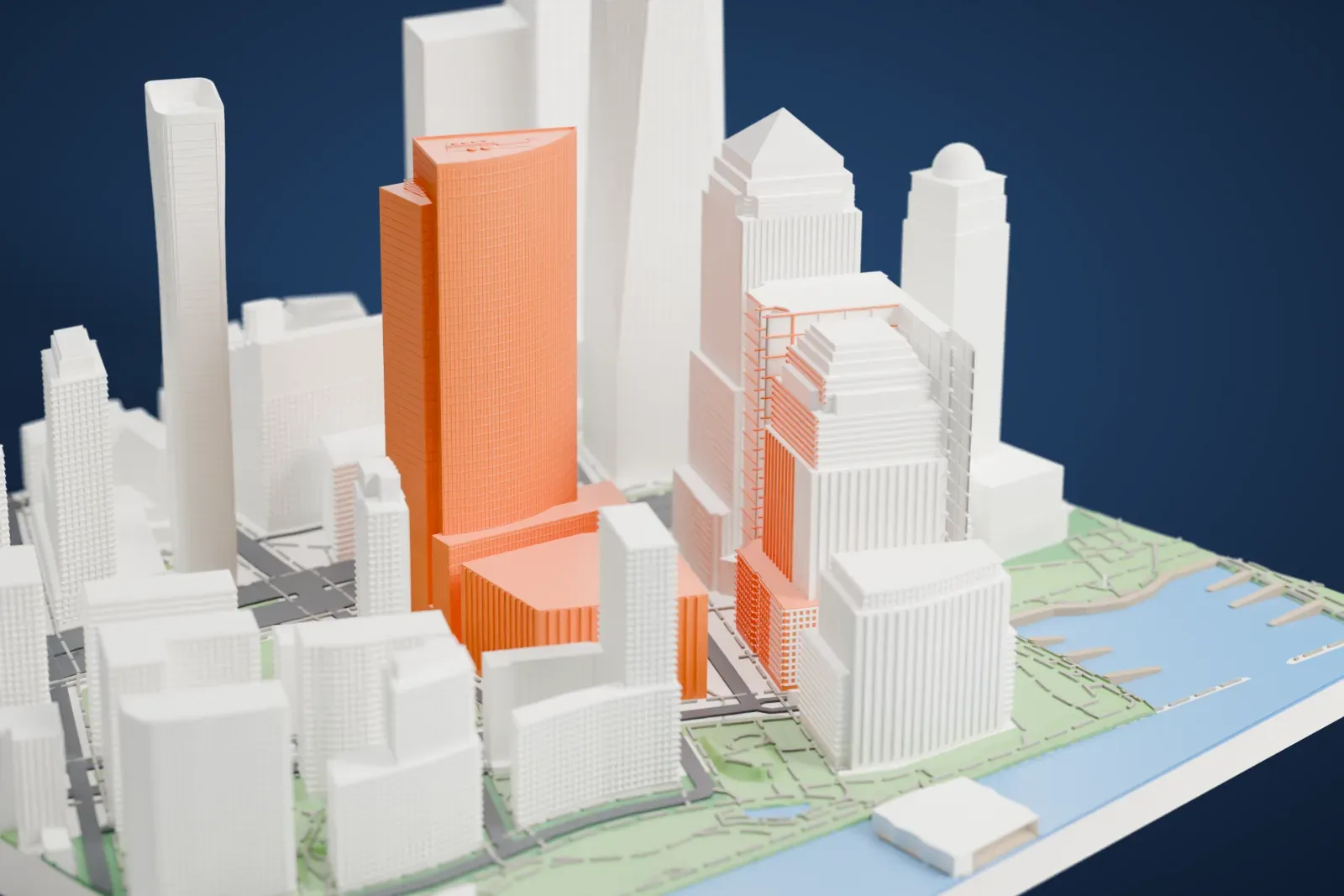 A white 3D print of 200 West Street, a tall slab-like tower with one curved face and stepped upper floors, surrounded by tall buildings, narrow streets and small green patches.