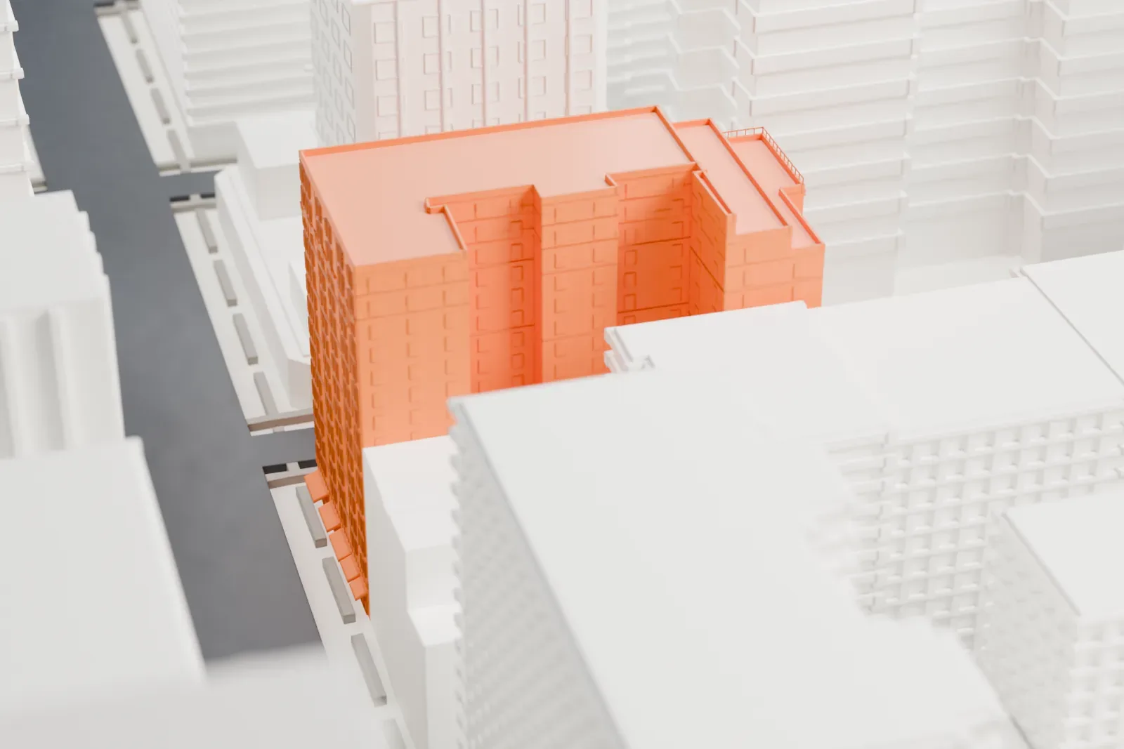 A white 3D print of 210 East 68th Street, a stepped apartment building with banded facades and small rooftop details, among taller buildings.