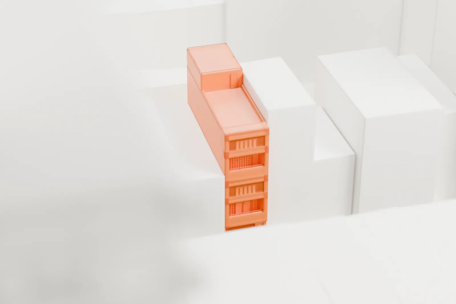 A white 3D print of 219 East 49th Street, a narrow building hemmed in by much taller buildings on a dense city block.