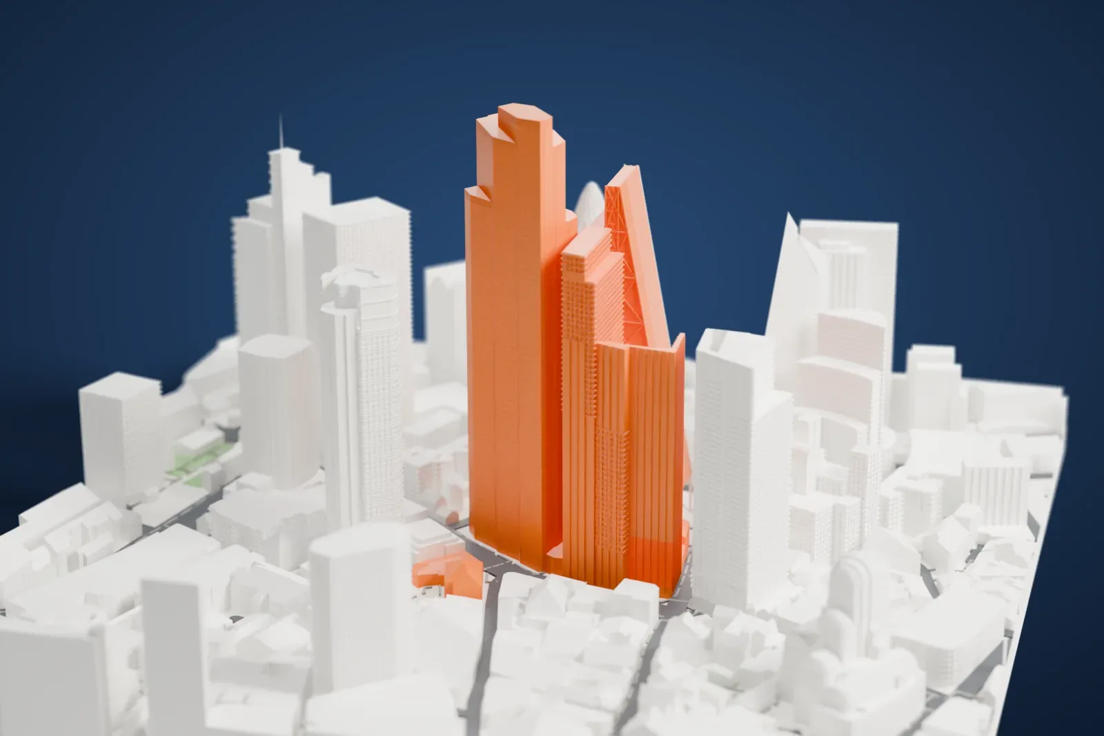 A white 3D print of 22 Bishopsgate, a slender tower with a stepped, slanted top, standing among neighboring skyscrapers and low city blocks.