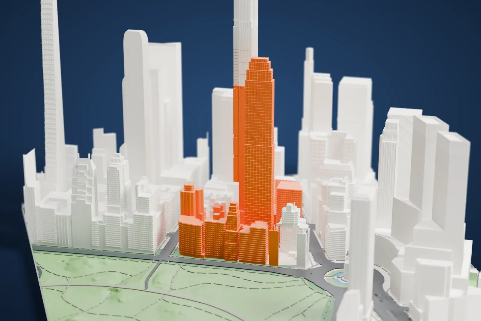 A white 3D print of 220 Central Park South, a tall slender tower with a stepped crown and a shorter section beside it, surrounded by tall buildings with a green park nearby.