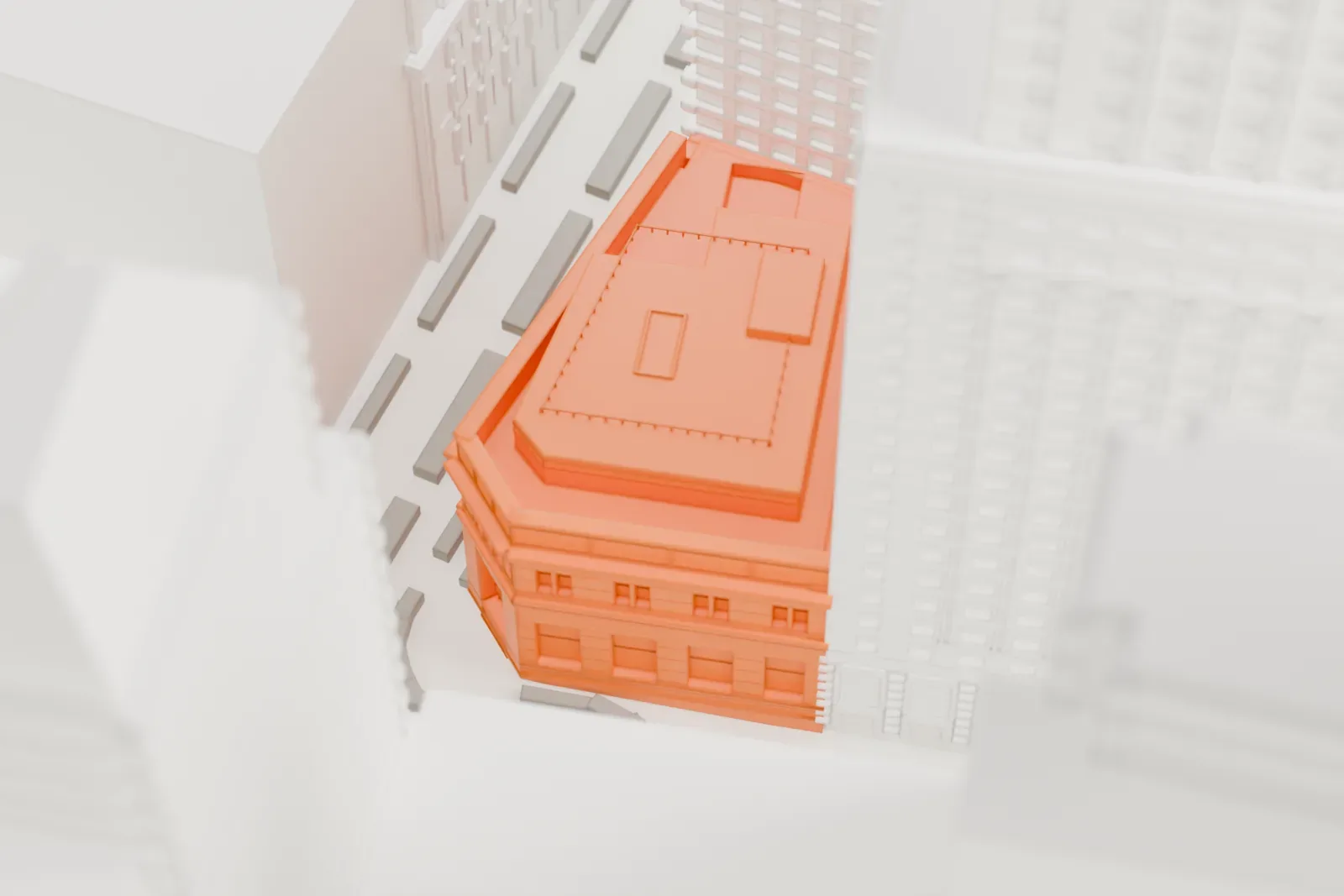 A white 3D print of 23 Wall Street set among much taller towers in the dense Financial District, with narrow streets between them.