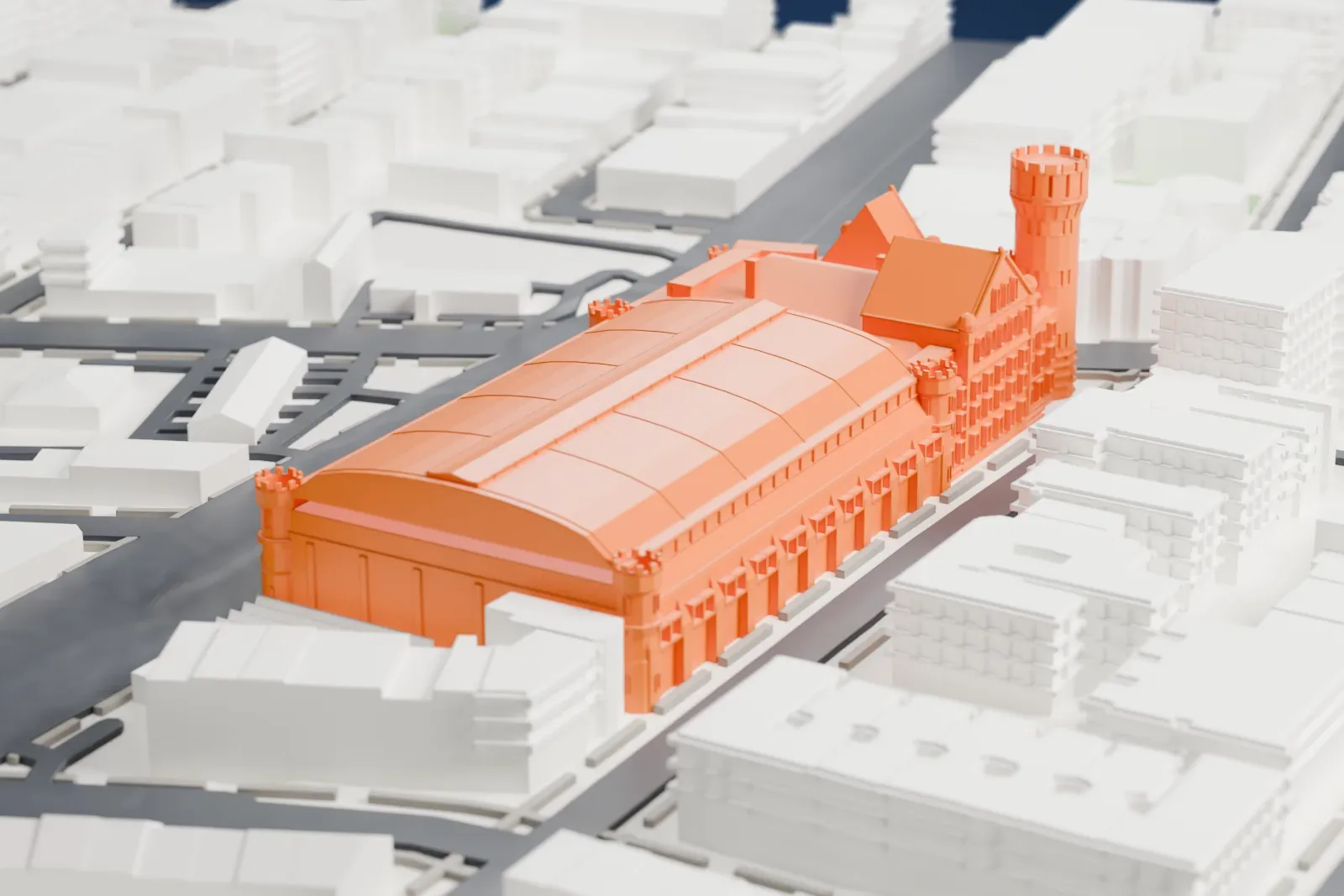 A white 3D print of the 23rd Regiment Armory, a castle-like building with a crenellated round tower and a long curved roof, among low blocks and wide streets.