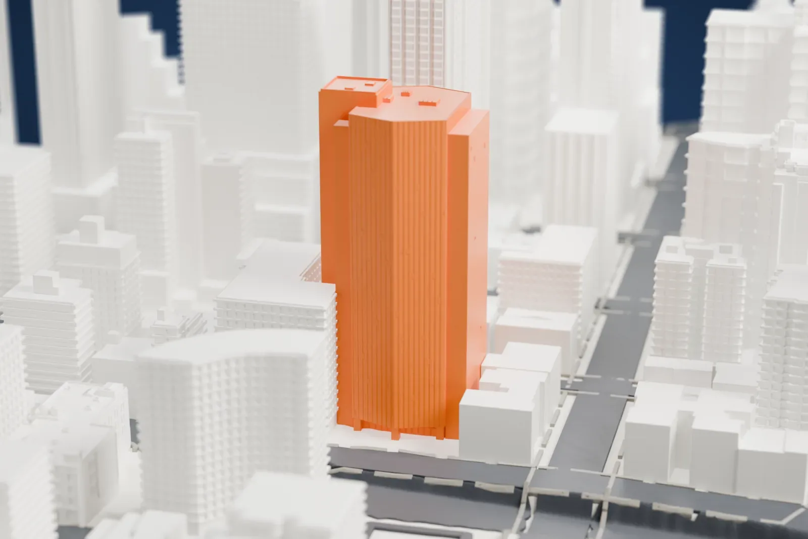 A white 3D print of 240 East 38th Street, a tall hexagonal tower with an angular front, rising among taller and lower buildings with a park and streets nearby.