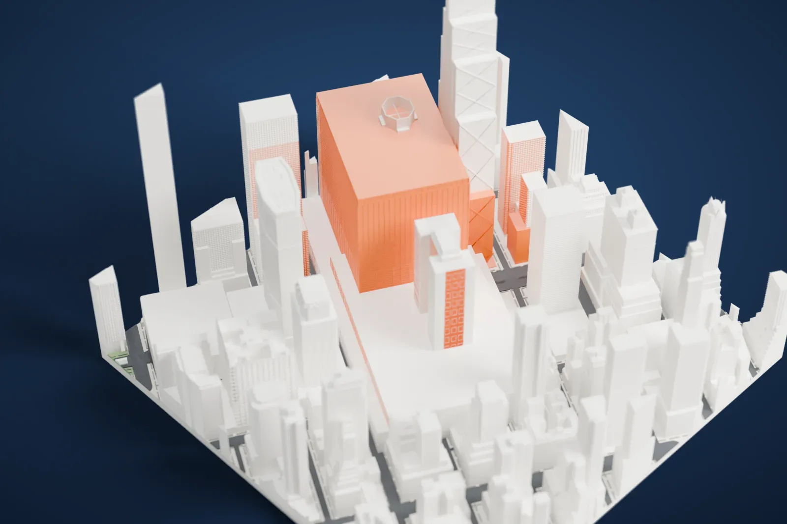 A white 3D print of 245 Park Avenue, a tall stepped tower with a grid of windows, rising between many other tall Midtown buildings.