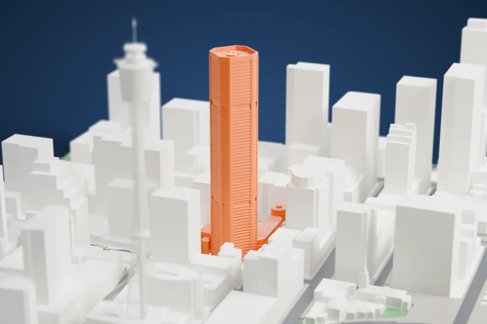 A white 3D print of 25 Martin Place, a tall white tower with an octagonal shaft, rising above the surrounding streets and buildings of central Sydney.