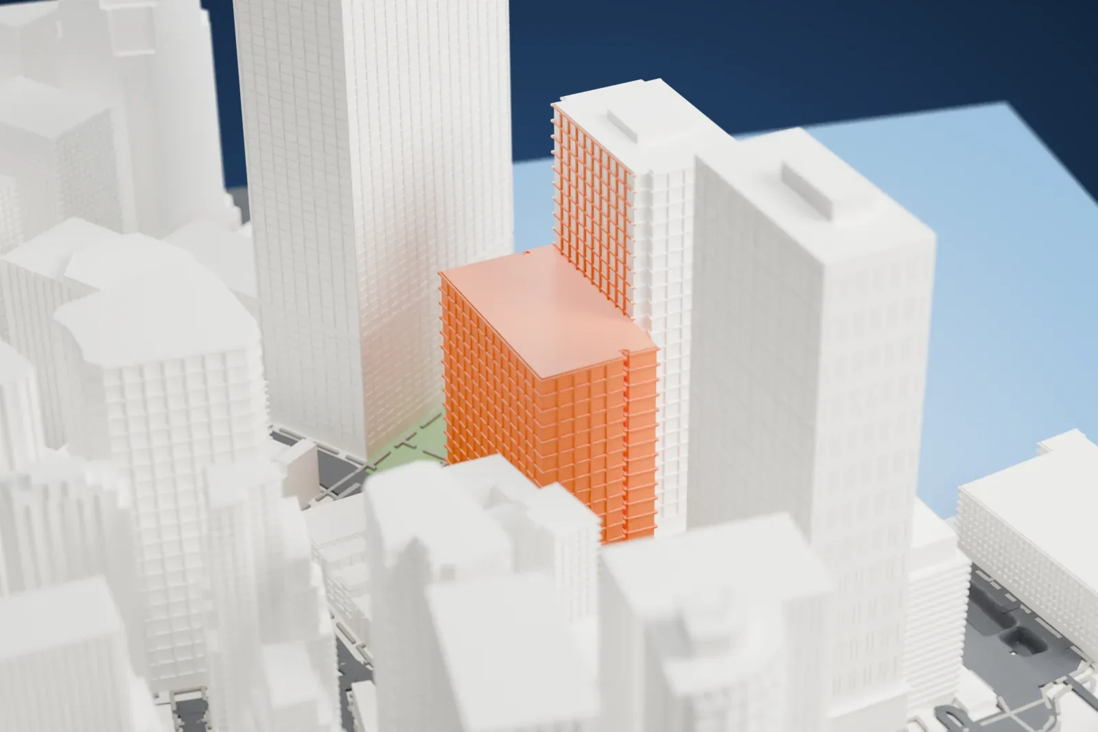 A white 3D print of 25 Water Street, a stepped block with small boxes on top, standing among taller towers near the water.