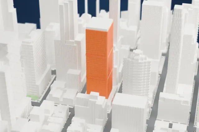 A white 3D print of the 250 West 55th Street model in New York, with the streets around it.